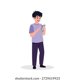 Young man cheerfully interacts with his modern smartphone while standing and casually tapping the screen to send a message or browse content on the go.
