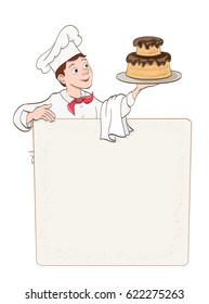young man chef with cake and menu place on white. vector