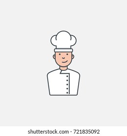Young man as a chef. Chef hat and white clothes. Flat style line modern vector illustration with retro colors. Logo or icon for restaurant or kitchen. Avatar or icon.
