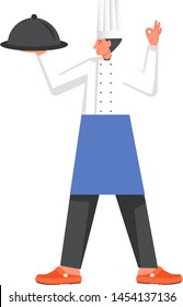 Young man chef holding dish silver platter and showing okay hand sign. Vector flat illustration isolated on white background. Restaurant cook, professional cooking concept for web banner, website page