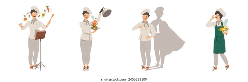 Young Man Chef Master in Toque Preparing and Cooking Food Vector Set