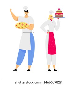 Young Man Chef in Toque and Apron Holding Pizza in Hands, Woman Sous Chef with Cake, Restaurant Staff Demonstrating Menu, Serve Guests in Cafe, Pizzeria, Bakery Shop. Cartoon Flat Vector Illustration