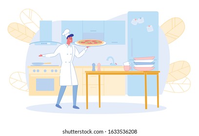 Young Man Chef in Toque and Apron Holding Pizza in Hands on Kitchen Background with Furniture. Professional Staff Cooking in Restaurant, Pizzeria or Bakery Shop. Cartoon Flat Vector Illustration.