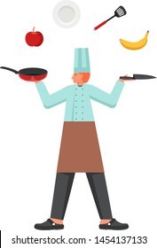 Young man in chef uniform and cap juggling kitchenware, fruits. Vector flat illustration isolated on white background. Restaurant cook, professional cooking concept for web banner, website page etc.