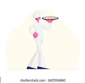 Young Man Chef Wearing Toque and White Uniform Holding Tray with Pizza in Hand. Restaurant Staff Demonstrating Menu, Serve Guests in Cafe, Pizzeria or Bakery Shop. Cartoon Flat Vector Illustration