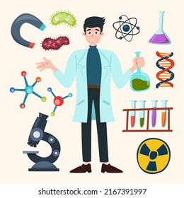 Young man in Chemical laboratory with microscope, Lab Chemistry Elements of chemical laboratory, equipment, microscope and beakers, scientist Cartoon style, vector illustration