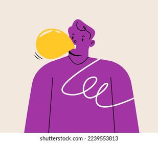 Young man chewing bubble gum and blowing  bubble gum in his mouth. Colorful vector illustration
