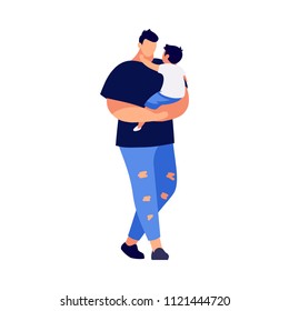 Young man with child in a flat style. Dad holds son on hands. Happy family. Modern parent in casual clothes. Vector illustration.