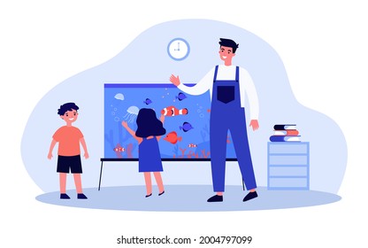 Young man and children standing near aquarium. Flat vector illustration. Teacher greeting little boy and girl looking at fish. Childhood, school, family, nature, animal concept for banner design