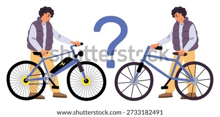 Young man chooses between regular and electric bicycle. Guy thinking about bike with electrical battery. Choice dilemma. Alternative solution. Vector concept of choosing eco friendly transportation