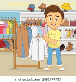 Junger Mann wählt Kleidung am Kleiderbügel beim Einkaufen