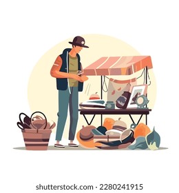 Young man chooses things at a flea market or garage sale. Reusable clothes and sustainable living concept. Flat vector illustration