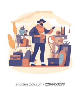 Young man chooses things at a flea market or garage sale. Reusable clothes and sustainable living concept. Flat vector illustration