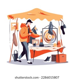 Young man chooses things at a flea market or garage sale. Reusable clothes and sustainable living concept. Flat vector illustration