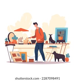 Young man chooses things at a flea market or garage sale. Reusable clothes and sustainable living concept. Flat vector illustration