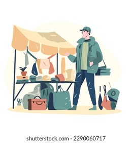 Junge Leute wählen Dinge auf einem Flohmarkt oder Garagenverkauf. Wiederverwendbare Kleidung und nachhaltiges Lebenskonzept. Flache Vektorgrafik
