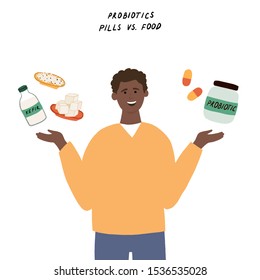 Young man choosing between different sources of probiotics. Concept with choice between fermented foods and probiotic supplements, peels. Hand drawn vector illustration for article, banner, web, card
