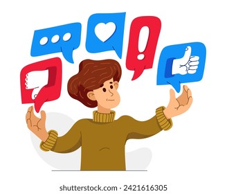 El hombre joven está eligiendo entre diferentes reacciones en los medios sociales, ilustración vectorial de una persona en duda entre diferentes respuestas cuando se comunica en línea.