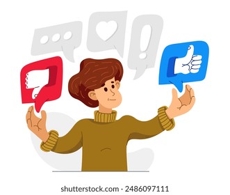 Young man is choosing between different reactions in social media, vector illustration of a person in doubt between different responses when communicating online.