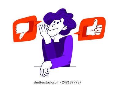 Young man is choosing between different reactions in social media, vector illustration of a person in doubt between different responses when communicating online.