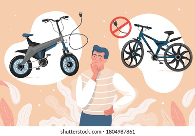 Young man choosing between electric and non-electric bicycles vector flat illustration. Modern, eco friendly and healthy city transport concept. Personal transportation gadget.