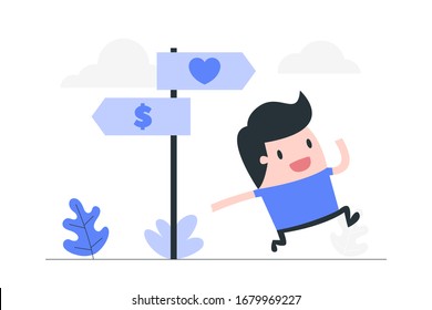 Joven eligiendo entre amor o dinero. Ilustración del concepto de negocio.