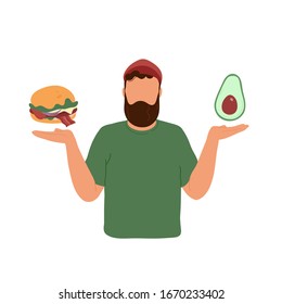 Young man choosing between two options with burger in one hand and avocado in another. Vector trendy hand drawn illustration. Healthy food vs fastfood concept.
