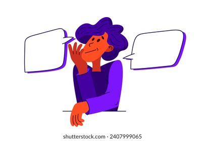 Young man choosing between two options, vector illustration of a person with two empty speech bubbles for you to put in your words or images.