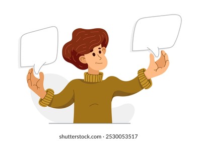 Jovem escolhendo entre duas opções, ilustração vetorial de uma pessoa com duas bolhas de fala vazias para você colocar em suas palavras ou imagens.
