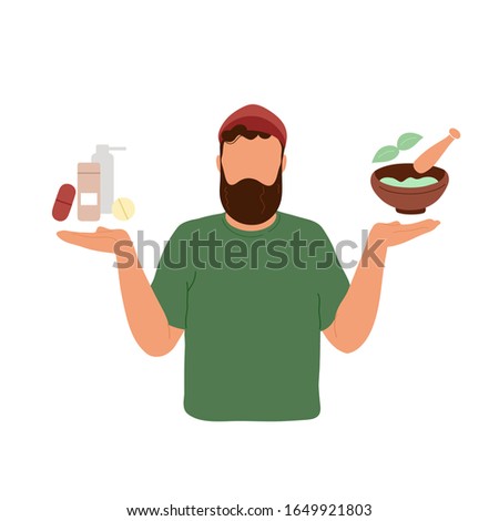 Young man choosing between two options. Vector trendy hand drawn illustration. Medicines vs medicinal herbs concept.