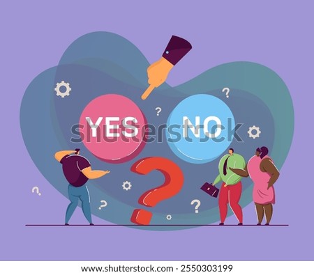 Young man choosing between two options. Hand pointing, confused male character picking button to push, colleagues helping flat vector illustration. Choice, dilemma concept for banner, website design
