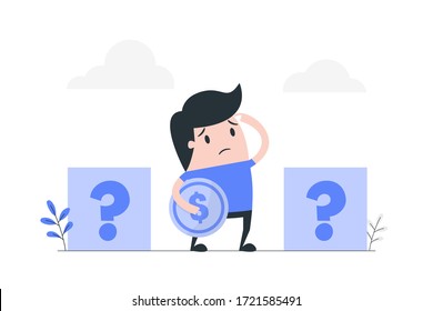 Young man choosing the box to put the coin in it. Various investment options concept illustration.