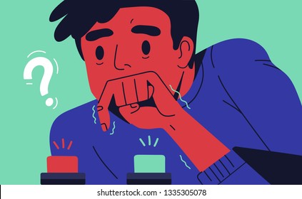 Young man choosing button to push. Concept of difficult choice between two options, alternatives or opportunities, life dilemma, decision making. Colorful vector illustration in flat cartoon style.