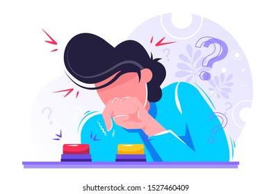 Young man choosing button to push. Concept of difficult choice between two options, alternatives or opportunities, life dilemma, decision making. Colorful vector illustration in flat cartoon style.