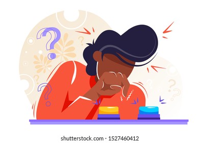 Young man choosing button to push. Concept of difficult choice between two options, alternatives or opportunities, life dilemma, decision making. Colorful vector illustration in flat cartoon style.