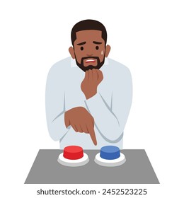 Young man choosing button to push. Concept of difficult choice between two options. Flat vector illustration isolated on white background
