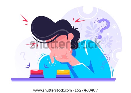 Young man choosing button to push. Concept of difficult choice between two options, alternatives or opportunities, life dilemma, decision making. Colorful vector illustration in flat cartoon style.