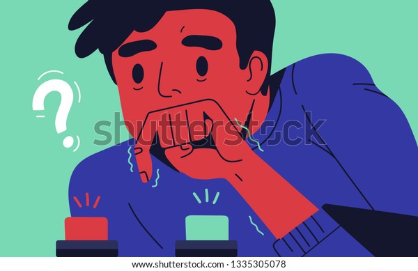 Young man choosing button to push. Concept of\
difficult choice between two options, alternatives or\
opportunities, life dilemma, decision making. Colorful vector\
illustration in flat cartoon\
style.