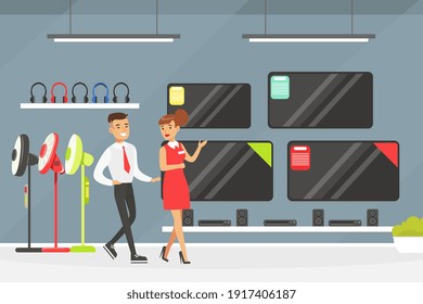 Young Man Choosing and Buying TV at Shopping Mall, Girl Shop Assistant Helping Him, Modern Electronics Store Interior Vector Illustration