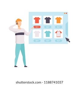 Young man choosing and bying a shirt from an online store, internet shopping and delivery concept vector Illustration on a white background