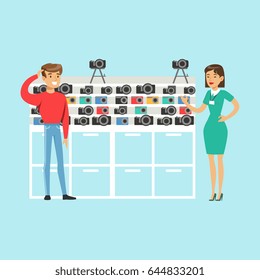 Young man choosing camera with shop assistant help in appliance store colorful vector Illustration