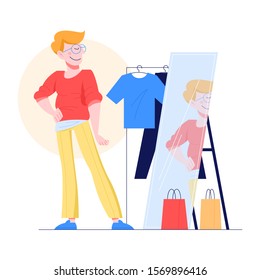 Young man choosing clothes. Guy trying on new clothes in shop. Isolated flat illustration