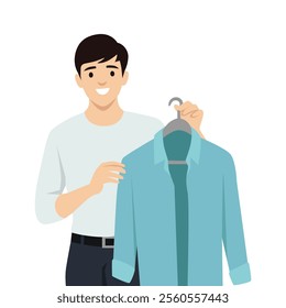 Young Man choosing outfit. Flat vector illustration isolated on white background