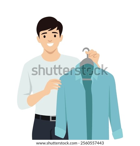 Young Man choosing outfit. Flat vector illustration isolated on white background