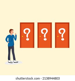 Young man choosing the right door.  Problem of choice. Vector flat design illustration.  