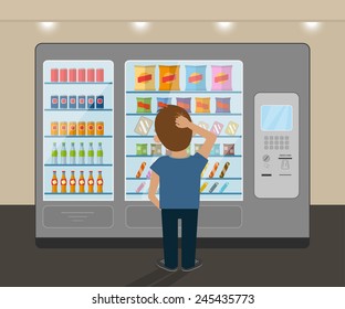 Young man is choosing a snack at vending machine. Flat vector illustration of consumer stands near big vending machine and going to buy a cold drink and tasty snack. Fast food selling and buying