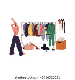 Young man choosing stylish outfit back view. Guy looks on closet, makes choice of garment on hanger rack. Wardrobe rail with clothes in dressing room. Flat isolated vector illustration on white