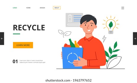 Young man choosing a sustainable eco-friendly lifestyle. Recycling waste, using renewable energy resources and energy saving technologies. Flat cartoon vector illustration, website, webpage template