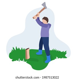 A young man chopping firewood. Making firewood for the winter. Help with household chores. vector flat illustration.