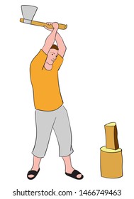 Young man is chopping wood with axe. Farm and gardening concept. Vector hand drawn illustration.